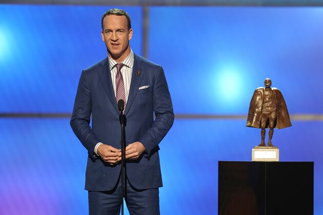 IMAGE DISTRIBUTED FOR THE NFL - Former NFL player Peyton Manning presents the Walter Payton NFL man of the year award at the 8th Annual NFL Honors at The Fox Theatre on Saturday, Feb. 2, 2019, in Atlanta. (Photo by Paul Abell/Invision for NFL/AP Images)