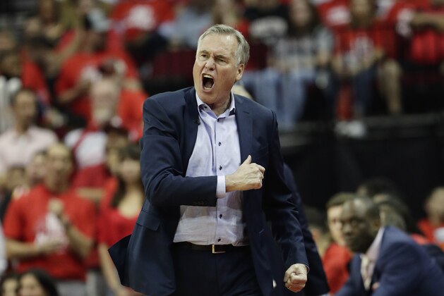 Houston Rockets coach Mike D'Antoni reacts during the second half in Game 6 of the team's second-round NBA basketball playoff series against the Golden State Warriors, Friday, May 10, 2019, in Houston. Golden State won 118-113, winning the series. (AP Photo/Eric Gay)