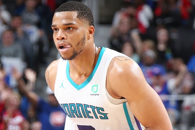DETROIT, MI - APRIL 7 : Miles Bridges #0 of the Charlotte Hornets looks to pass the ball during the game against the Detroit Pistons on April 7, 2019 at Little Caesars Arena in Detroit, Michigan. NOTE TO USER: User expressly acknowledges and agrees that, by downloading and/or using this photograph, User is consenting to the terms and conditions of the Getty Images License Agreement. Mandatory Copyright Notice: Copyright 2019 NBAE (Photo by Brian Sevald/NBAE via Getty Images)
