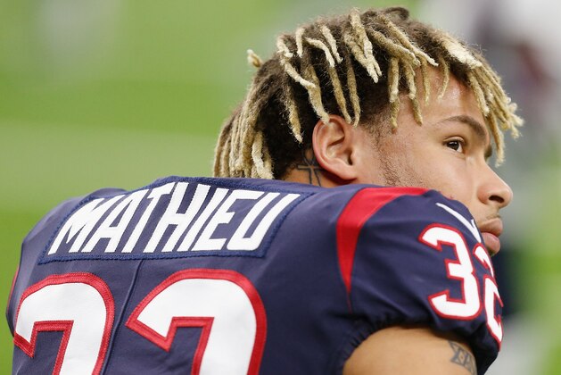 HOUSTON, TEXAS - DECEMBER 30: Tyrann Mathieu #32 of the Houston Texans takes a moment during warm-up before playing the Jacksonville Jaguars at NRG Stadium on December 30, 2018 in Houston, Texas. (Photo by Bob Levey/Getty Images)