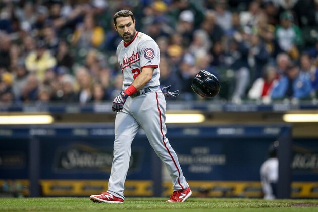 MILWAUKEE, WISCONSIN - MAY 08:  Adam Eaton #2 of the Washington Nationals reacts after striking out in the seventh inning against the Milwaukee Brewers at Miller Park on May 08, 2019 in Milwaukee, Wisconsin. (Photo by Dylan Buell/Getty Images)