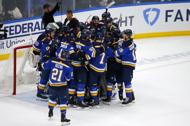 ST LOUIS, MISSOURI - MAY 21: The St. Louis Blues celebrate after defeating the San Jose Sharks in Game Six with a score of 5 to 1 to win the Western Conference Finals during the 2019 NHL Stanley Cup Playoffs at Enterprise Center on May 21, 2019 in St Louis, Missouri. (Photo by Dilip Vishwanat/Getty Images)