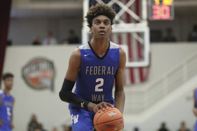Federal Way's Jaden McDaniels #2 in action against the Ranney School during a high school basketball game at the Hoophall Classic, Monday, January 21, 2019, in Springfield, MA. (AP Photo/Gregory Payan)