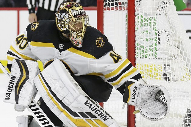 Boston Bruins goalie Tuukka Rask (40), of Finland, defends the goal against the Carolina Hurricanes during the second period in Game 4 of the NHL hockey Stanley Cup Eastern Conference finals in Raleigh, N.C., Thursday, May 16, 2019. (AP Photo/Gerry Broome)