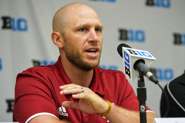 Indiana coach Jeff Mercer speaks during a news conference, Tuesday, May 21, 2019, ahead of the Big Ten NCAA college baseball tournament. First-year coach Mercer led the Hoosiers to their first Big Ten regular-season championship since 2014. His team leads the nation with 90 home runs entering the conference tournament at TD Ameritrade Park in Omaha, Neb. (AP Photo/Nati Harnik)
