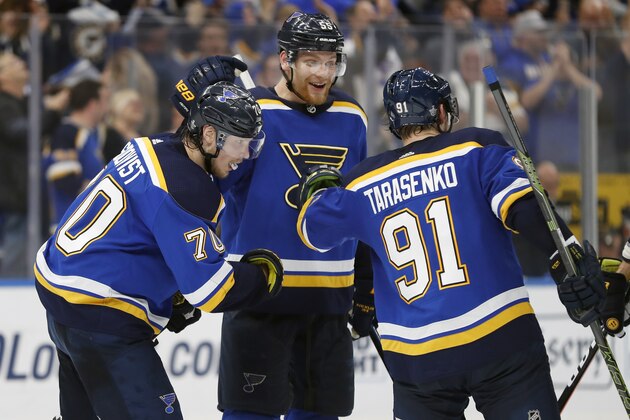 St. Louis Blues center Oskar Sundqvist (70), of Sweden; defenseman Colton Parayko (55); and Vladimir Tarasenko (91), of Russia, celebrate after the Blues scored a goal against the San Jose Sharks during the third period in Game 6 of the NHL hockey Stanley Cup Western Conference final series Tuesday, May 21, 2019, in St. Louis. The Blues won 5-1 to win the series 4-2. (AP Photo/Jeff Roberson)
