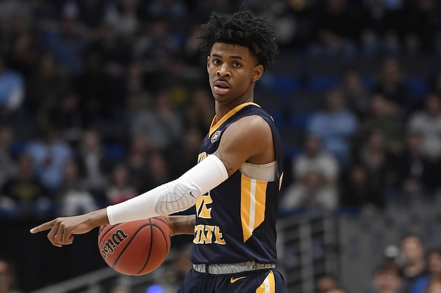 Murray State's Ja Morant (12) during the second half of a second round men's college basketball game in the NCAA tournament, Saturday, March 23, 2019, in Hartford, Conn. (AP Photo/Jessica Hill)