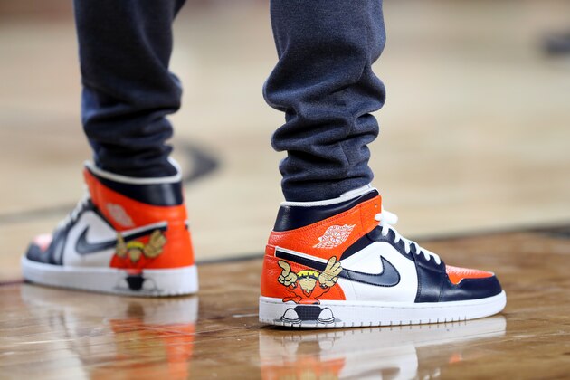 MINNEAPOLIS, MINNESOTA - APRIL 08: A detail view of the Nike Air Jordan 1 sneakers worn by the Virginia Cavaliers prior to the 2019 NCAA men's Final Four National Championship game against the Texas Tech Red Raiders at U.S. Bank Stadium on April 08, 2019 in Minneapolis, Minnesota. (Photo by Tom Pennington/Getty Images)