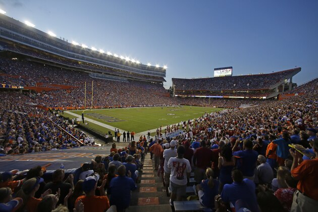 Ben Hill Griffin Stadium at Florida Field is seen during the first half of an NCAA college football game between Florida and Arkansas in Gainesville, Fla., Saturday, Oct. 5, 2013.(AP Photo/John Raoux)