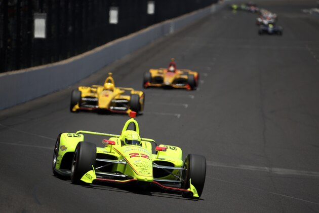 INDIANAPOLIS, IN - MAY 27:  Simon Pagenaud of France, driver of the #22 Menards Team Penske Chevrolet drives during the 102nd Running of the Indianapolis 500 at Indianapolis Motorspeedway on May 27, 2018 in Indianapolis, Indiana.  (Photo by Chris Graythen/Getty Images)