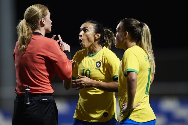MURCIA, SPAIN - APRIL 08: Marta Silva of Brazil reacts during the Women's International friendly match between Brazil and Scotland at Pinatar Arena on April 08, 2019 in Murcia, Spain. (Photo by Quality Sport Images/Getty Images)