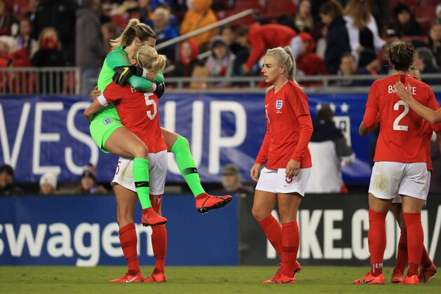 TAMPA, FLORIDA - MARCH 05:  Steph Houghton and Carly Telford of England celebrate victory after the 2019 SheBelieves Cup  match between England and Japan at Raymond James Stadium on March 05, 2019 in Tampa, Florida. (Photo by Mike Ehrmann/Getty Images)