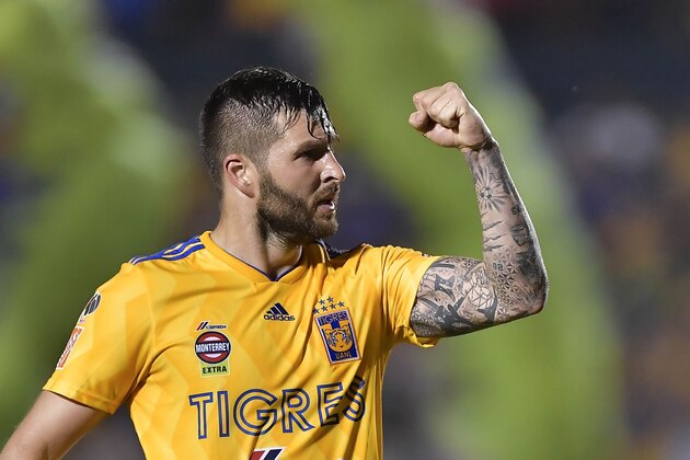MONTERREY, MEXICO - MAY 11: Andre-Pierre Gignac, #10 of Tigres, celebrates after scoring his team's first goal during the quarterfinals second leg match between Tigres UANL and Pachuca as part of the Torneo Clausura 2019 Liga MX at Universitario Stadium on May 11, 2019 in Monterrey, Mexico. (Photo by Azael Rodriguez/Getty Images)