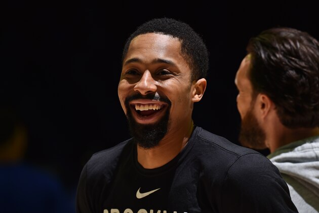 PHILADELPHIA, PA - April 23: Spencer Dinwiddie #8 of the Brooklyn Nets smiles prior to a game against the Philadelphia 76ers during Round One Game Five of the 2019 NBA Playoffs on April 23, 2019 at the Wells Fargo Center in Philadelphia, Pennsylvania NOTE TO USER: User expressly acknowledges and agrees that, by downloading and/or using this Photograph, user is consenting to the terms and conditions of the Getty Images License Agreement. Mandatory Copyright Notice: Copyright 2019 NBAE (Photo by Jesse D. Garrabrant/NBAE via Getty Images)