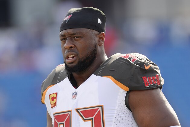 Tampa Bay Buccaneers defensive tackle Gerald McCoy (93) warms up before an NFL football game against the Buffalo Bills Sunday, Oct. 22, 2017, in Orchard Park, N.Y. (AP Photo/Adrian Kraus)