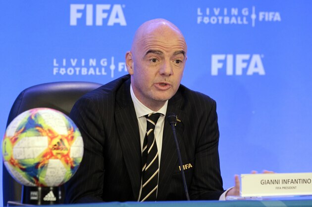 FIFA President Gianni Infantino talks during a press conference after the FIFA Council Meeting, Friday, March 15, 2019, in Miami. The council approved working with Qatar to explore expanding the 2022 World Cup to 48 teams by adding at least one more country in the Persian Gulf to host matches. (AP Photo/Luis M. Alvarez)
