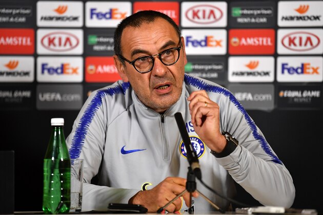 Chelsea's Italian head coach Maurizio Sarri attend a press conference at Chelsea Training Ground, in Cobham, Surrey on May 22, 2019, ahead of their Europa League final football match against Arsenal on May 29. (Photo by Ben STANSALL / AFP)        (Photo credit should read BEN STANSALL/AFP/Getty Images)