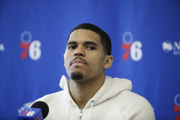 Philadelphia 76ers' Tobias Harris speaks with members of the media during a news conference at the NBA basketball team's practice facility in Camden, N.J., Monday, May 13, 2019. (AP Photo/Matt Rourke)