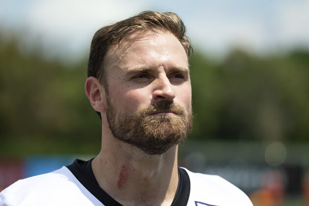Philadelphia Eagles defensive end Chris Long (56) looks on during practice at NFL football training camp, Thursday, July 26, 2018, in Philadelphia. (AP Photo/Chris Szagola)