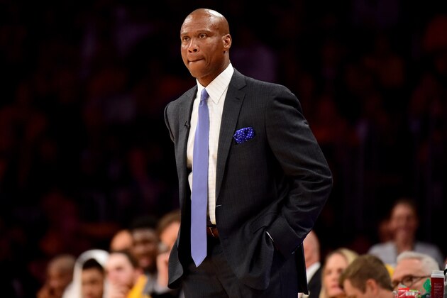 LOS ANGELES, CA - APRIL 13:  Byron Scott of the Los Angeles Lakers looks on in the first half while taking on the Utah Jazz at Staples Center on April 13, 2016 in Los Angeles, California. NOTE TO USER: User expressly acknowledges and agrees that, by downloading and or using this photograph, User is consenting to the terms and conditions of the Getty Images License Agreement.  (Photo by Harry How/Getty Images)