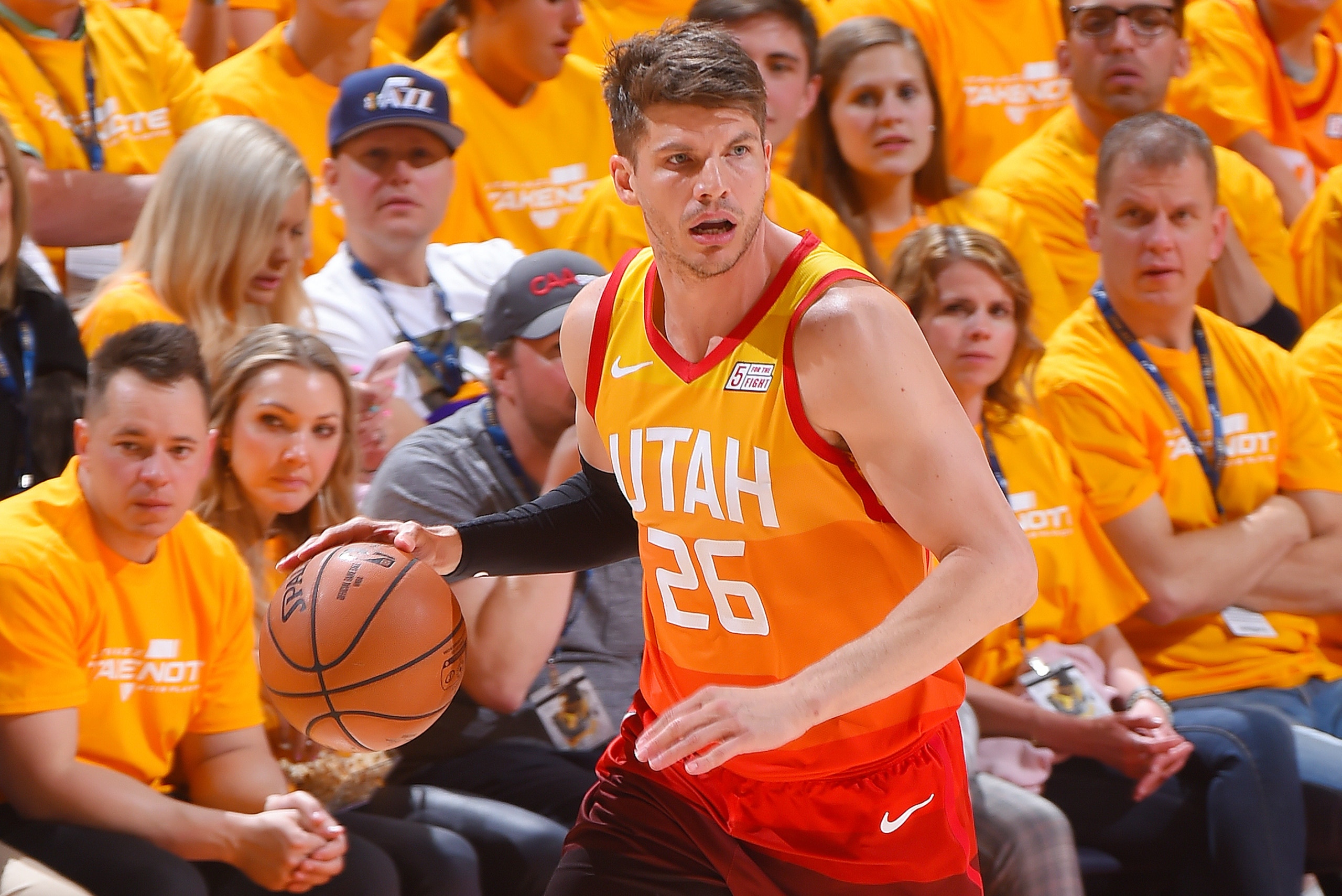 SALT LAKE CITY, UT - APRIL 20: Kyle Korver #26 of the Utah Jazz handles the ball during the game against the Houston Rockets during Game Three of Round One of the 2019 NBA Playoffs on April 20, 2019 at the Vivint Smart Home Arena in Salt Lake City, Utah. NOTE TO USER: User expressly acknowledges and agrees that, by downloading and or using this photograph, user is consenting to the terms and conditions of the Getty Images License Agreement. Mandatory Copyright Notice: Copyright 2019 NBAE (Photo by Bill Baptist/NBAE via Getty Images)