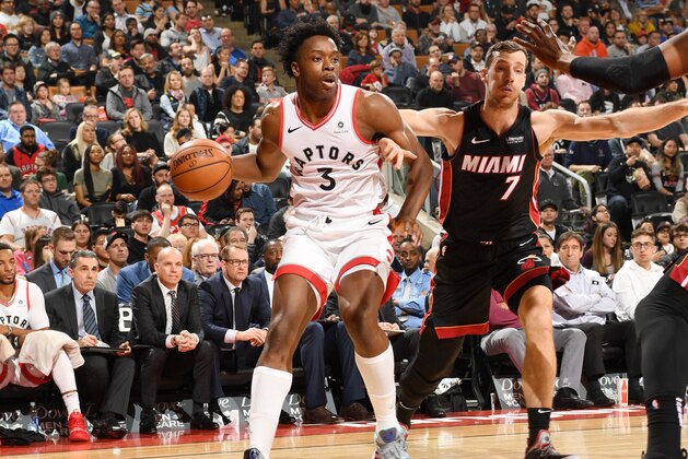 TORONTO, CANADA - APRIL 7: OG Anunoby #3 of the Toronto Raptors handles the ball against the Miami Heat on April 7, 2019 at the Scotiabank Arena in Toronto, Ontario, Canada.  NOTE TO USER: User expressly acknowledges and agrees that, by downloading and or using this Photograph, user is consenting to the terms and conditions of the Getty Images License Agreement.  Mandatory Copyright Notice: Copyright 2019 NBAE (Photo by Ron Turenne/NBAE via Getty Images)