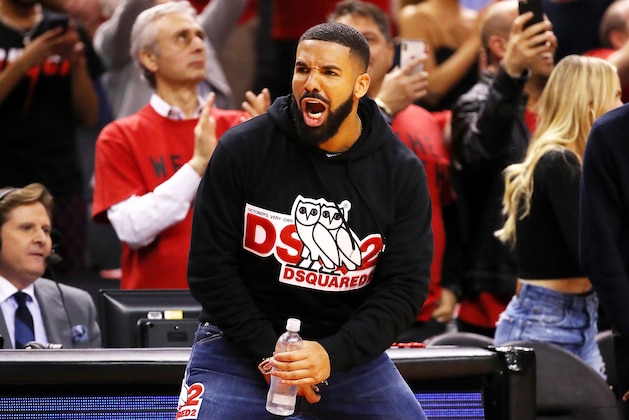 TORONTO, ONTARIO - MAY 21: Rapper Drake reacts during game four of the NBA Eastern Conference Finals between the Milwaukee Bucks and the Toronto Raptors at Scotiabank Arena on May 21, 2019 in Toronto, Canada. NOTE TO USER: User expressly acknowledges and agrees that, by downloading and or using this photograph, User is consenting to the terms and conditions of the Getty Images License Agreement. (Photo by Gregory Shamus/Getty Images)