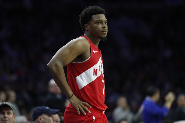 Toronto Raptors' Kyle Lowry looks on during the second half of Game 6 of a second-round NBA basketball playoff series against the Philadelphia 76ers, Thursday, May 9, 2019, in Philadelphia. 76ers won 112-101. (AP Photo/Chris Szagola)