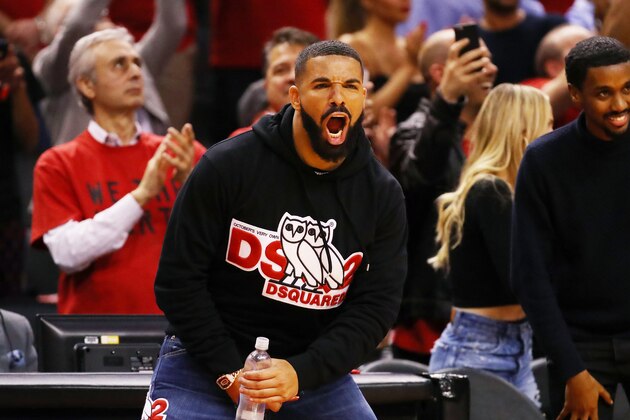 TORONTO, ONTARIO - MAY 21: Rapper Drake reacts during game four of the NBA Eastern Conference Finals between the Milwaukee Bucks and the Toronto Raptors at Scotiabank Arena on May 21, 2019 in Toronto, Canada. NOTE TO USER: User expressly acknowledges and agrees that, by downloading and or using this photograph, User is consenting to the terms and conditions of the Getty Images License Agreement. (Photo by Gregory Shamus/Getty Images)