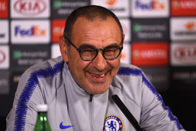 COBHAM, ENGLAND - MAY 08:  Maurizio Sarri, Manager of Chelsea smiles during a Chelsea press conference on the eve of their UEFA Europa Leageu semi final against Eintracht Frankfurt at Chelsea Training Ground on May 08, 2019 in Cobham, England. (Photo by Harriet Lander/Getty Images)