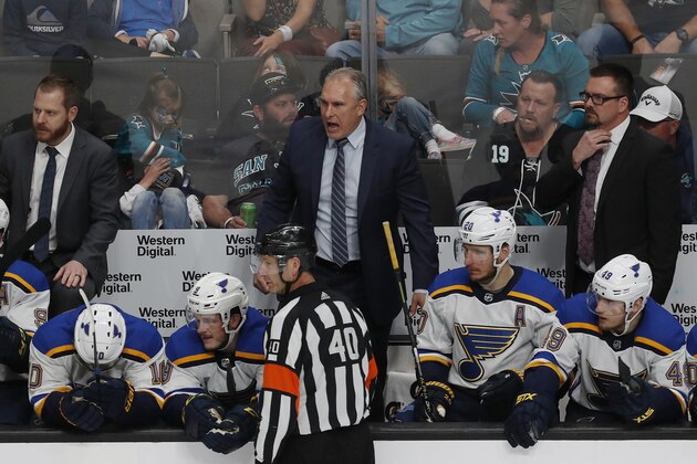 St. Louis Blues' head coach Craig Berube, center, reacts on the bench in the third period in Game 1 of the NHL hockey Stanley Cup Western Conference finals against the San Jose Sharks in San Jose, Calif., Saturday, May 11, 2019. (AP Photo/Josie Lepe)