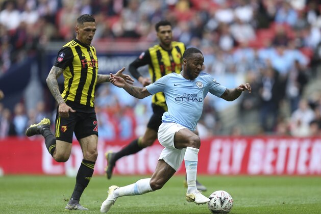 LONDON, ENGLAND - MAY 18: Jose Holebas of Watford and Raheem Sterling of Manchester City during the FA Cup Final match between Manchester City and Watford at Wembley Stadium on May 18, 2019 in London, England. (Photo by James Baylis - AMA/Getty Images)