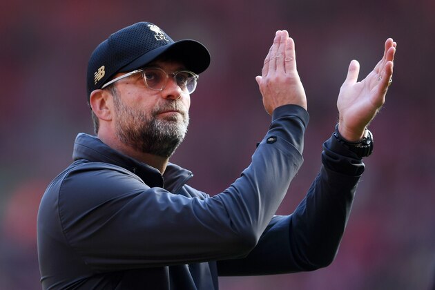 LIVERPOOL, ENGLAND - MAY 12: Jurgen Klopp, Manager of Liverpool applauds the fans after the Premier League match between Liverpool FC and Wolverhampton Wanderers at Anfield on May 12, 2019 in Liverpool, United Kingdom. (Photo by Laurence Griffiths/Getty Images)