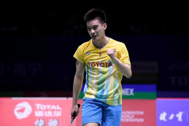 Thailand's Kantaphon Wangcharoen reacts after a point against South Korea's Heo Kwang-hee during their men's singles quarter-final match at the Sudirman Cup world badminton championships in Nanning on May 23, 2019. (Photo by WANG ZHAO / AFP)        (Photo credit should read WANG ZHAO/AFP/Getty Images)