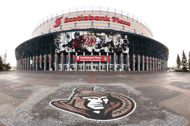 OTTAWA, CANADA - OCTOBER 20: Exterior view of Scotiabank Place during daylight, with the team logo in the foreground, prior of start of an NHL game between the Ottawa Senators and the Winnipeg Jets, on October 20, 2011 in Ottawa, Ontario, Canada. (Photo by Jana Chytilova/Freestyle Photography/Getty Images)