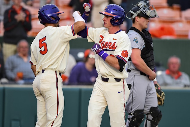 Clemson's Logan Davidson, right, celebrates a homerun with Sam Hall during an NCAA college baseball game, Wednesday, March 13, 2019, in Clemson, S.C. (AP Photo/Richard Shiro)