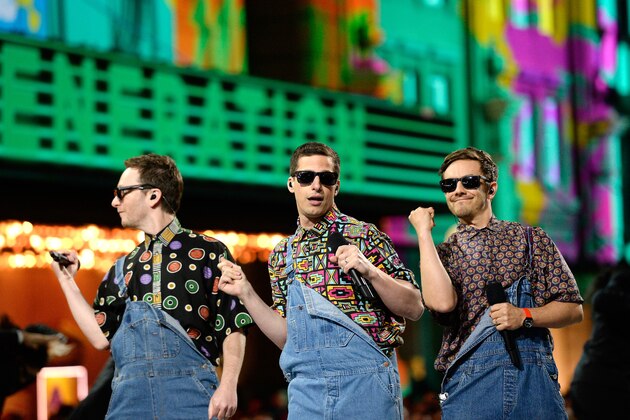 BURBANK, CALIFORNIA - APRIL 09:  (L-R) Actors Akiva Schaffer, Andy Samberg and Jorma Taccone of The Lonely Island perform onstage during the 2016 MTV Movie Awards at Warner Bros. Studios on April 9, 2016 in Burbank, California.  MTV Movie Awards airs April 10, 2016 at 8pm ET/PT.  (Photo by Kevork Djansezian/Getty Images)