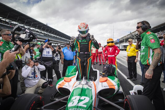 INDIANAPOLIS, IN - MAY 19: Kyle Kaiser #32 of United States and Juncos Racing, reacts after qualifying in the final spot for the Indy 500 at Indianapolis Motor Speedway on May 19, 2019 in Indianapolis, Indiana. (Photo by Michael Hickey/Getty Images)