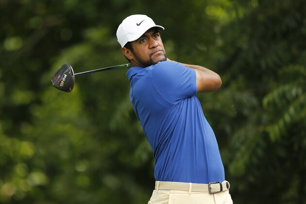 FORT WORTH, TEXAS - MAY 23:   Tony Finau of the United States plays his shot from the sixth tee during the first round of the Charles Schwab Challenge at Colonial Country Club on May 23, 2019 in Fort Worth, Texas. (Photo by Michael Reaves/Getty Images)