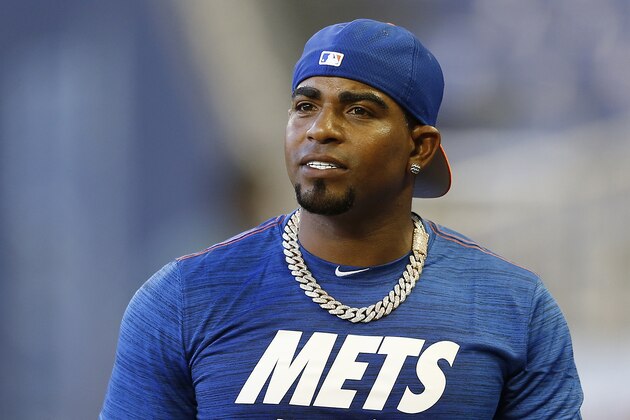 MIAMI, FLORIDA - APRIL 01:  Yoenis Cespedes #52 of the New York Mets looks on during batting practice prior to the game against the Miami Marlins at Marlins Park on April 01, 2019 in Miami, Florida. (Photo by Michael Reaves/Getty Images)
