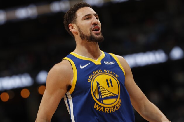 Golden State Warriors guard Klay Thompson (11) in the second half of an NBA basketball game Tuesday, Jan. 15, 2019, in Denver. The Warriors won 142-111. (AP Photo/David Zalubowski)