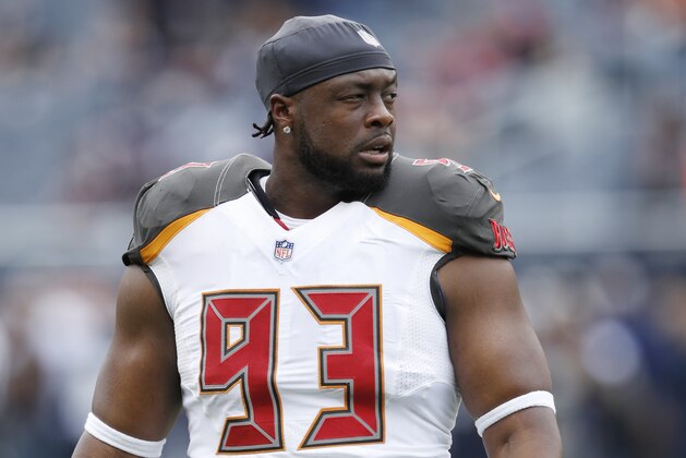 CHICAGO, IL - SEPTEMBER 30: Gerald McCoy #93 of the Tampa Bay Buccaneers looks on during the game against the Chicago Bears at Soldier Field on September 30, 2018 in Chicago, Illinois. The Bears won 48-10. (Photo by Joe Robbins/Getty Images)