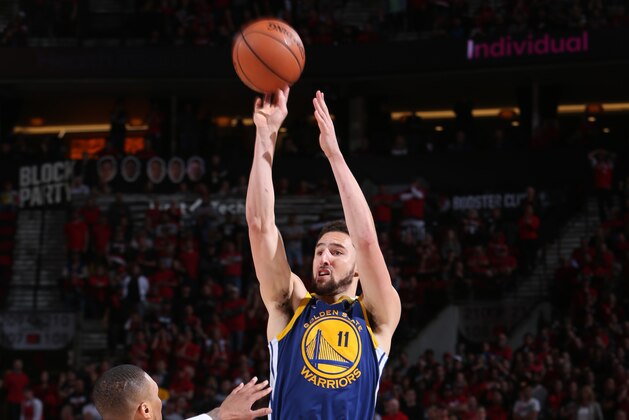PORTLAND, OR - MAY 20:  Klay Thompson #11 of the Golden State Warriors shoots the ball against the Portland Trail Blazers during Game Four of the Western Conference Finals on May 20, 2019 at the Moda Center in Portland, Oregon. NOTE TO USER: User expressly acknowledges and agrees that, by downloading and/or using this photograph, user is consenting to the terms and conditions of the Getty Images License Agreement. Mandatory Copyright Notice: Copyright 2019 NBAE (Photo by Sam Forencich/NBAE via Getty Images)