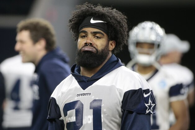 Dallas Cowboys running back Ezekiel Elliott (21) walks off the field after NFL football practice in Frisco, Texas, Wednesday, May. 22, 2019. (AP Photo/Michael Ainsworth)
