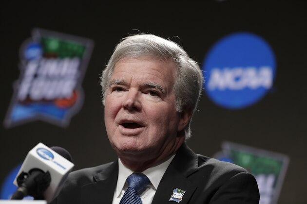 NCAA President Mark Emmert answers questions at a news conference at the Final Four college basketball tournament, Thursday, April 4, 2019, in Minneapolis. (AP Photo/Matt York)