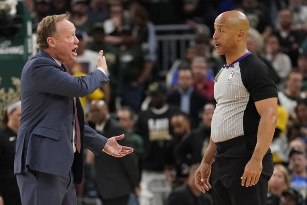 Milwaukee Bucks head coach Mike Budenholzer argues a call during the second half of Game 5 of the NBA Eastern Conference basketball playoff finals against the Toronto Raptors Thursday, May 23, 2019, in Milwaukee. The Raptors won 105-99 to take a 3-2 lead in the series. (AP Photo/Morry Gash)
