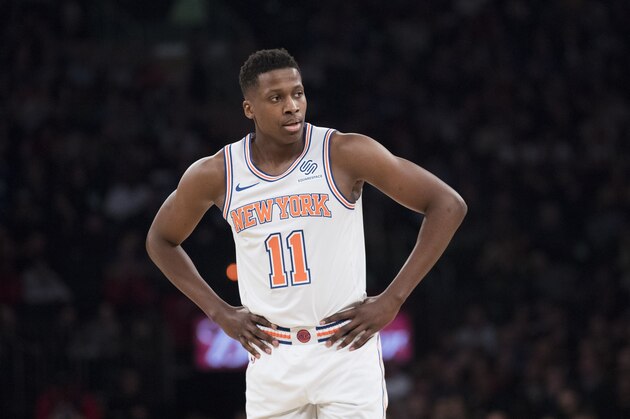 New York Knicks guard Frank Ntilikina during a pause in action during the first half of an NBA basketball game against the Denver Nuggets, Friday, March 22, 2019, at Madison Square Garden in New York. (AP Photo/Mary Altaffer)