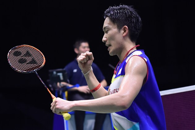 Japan's Kento Momota reacts after winning a point against Malaysia's Lee Zii Jia during their men's singles quarter-final match at the 2019 Sudirman Cup world badminton championships in Nanning in China's southern Guangxi region on May 24, 2019. (Photo by WANG Zhao / AFP)        (Photo credit should read WANG ZHAO/AFP/Getty Images)