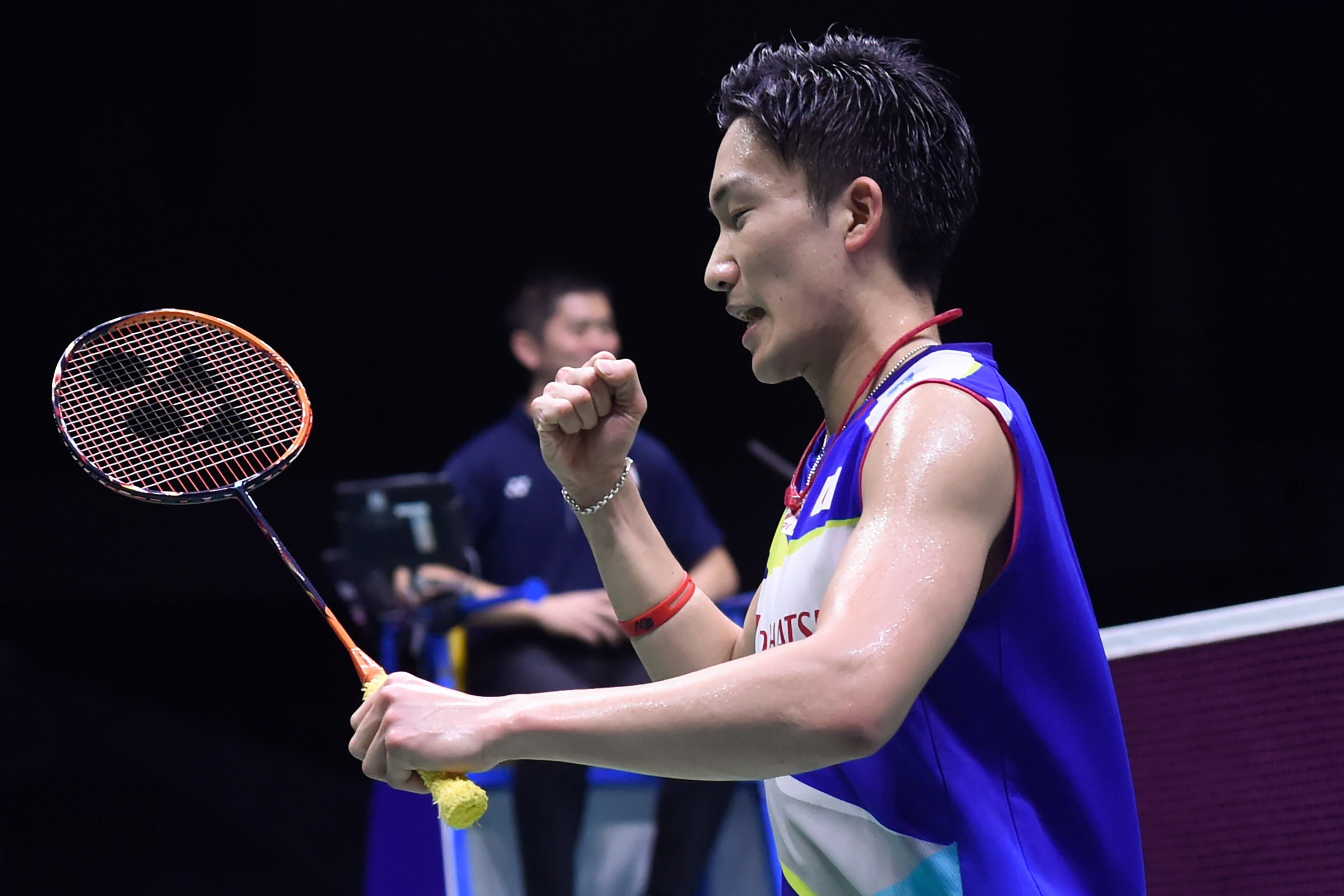 Japan's Kento Momota reacts after winning a point against Malaysia's Lee Zii Jia during their men's singles quarter-final match at the 2019 Sudirman Cup world badminton championships in Nanning in China's southern Guangxi region on May 24, 2019. (Photo by WANG Zhao / AFP)        (Photo credit should read WANG ZHAO/AFP/Getty Images)