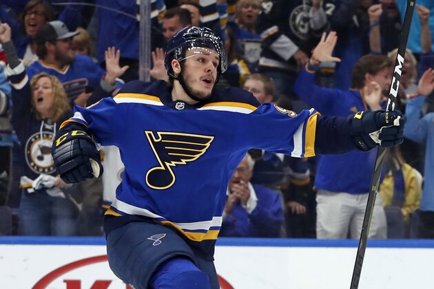 St. Louis Blues left wing Sammy Blais celebrates after the Blues scored against the San Jose Sharks during the first period in Game 6 of the NHL hockey Stanley Cup Western Conference final series Tuesday, May 21, 2019, in St. Louis. (AP Photo/Jeff Roberson)